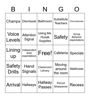 Back to School Expectations Bingo Card