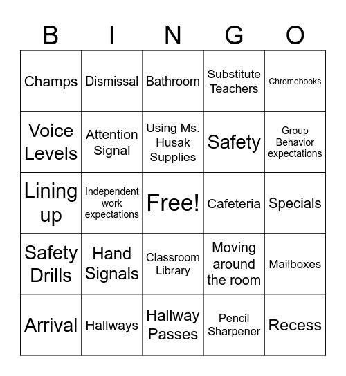 Back to School Expectations Bingo Card