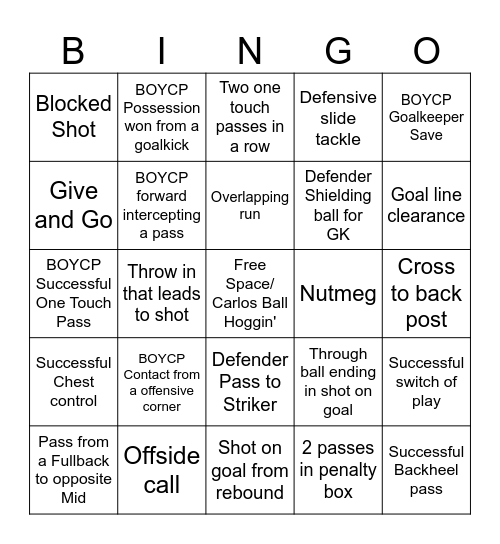 BOYCP Soccer Bingo Card