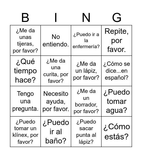 Classroom Expressions Bingo Card