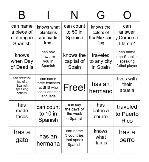 Bienvenido a la clase! Find someone who... Bingo Card