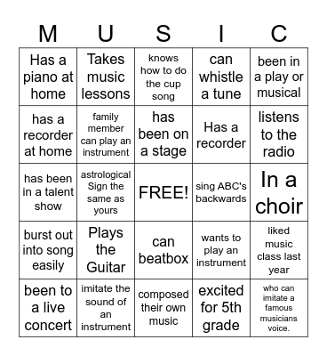 Getting to Know You Music Bingo Card