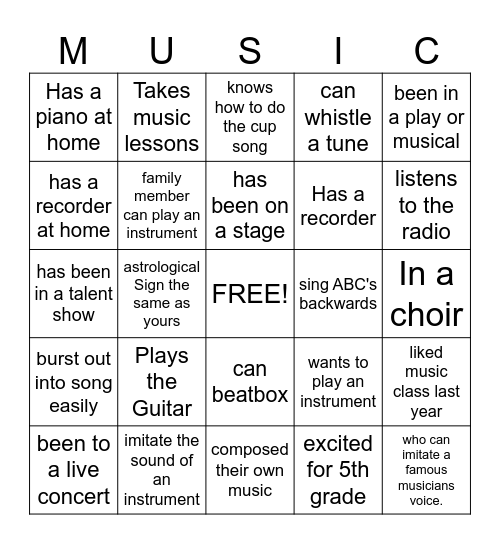 Getting to Know You Music Bingo Card