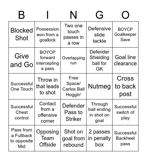 BOYCP Soccer Bingo Card