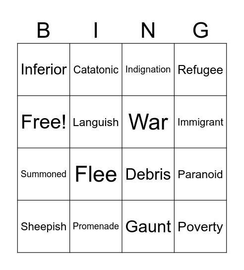 Refugee Vocabulary Bingo Card