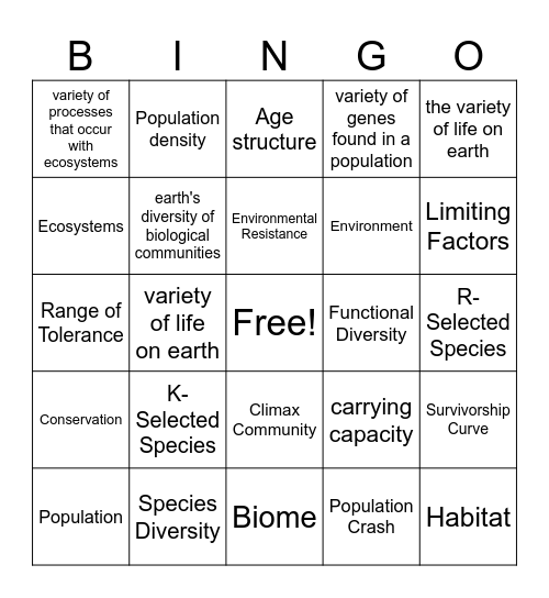 Environmental Systems Vocabulary Bingo Card