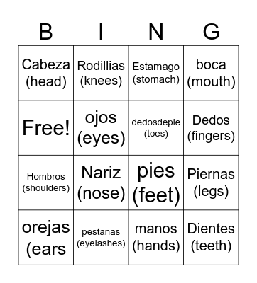 Spanish body parts bingo Card