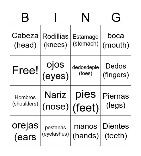 Spanish body parts bingo Card