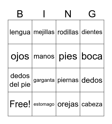 Body parts bingo Card