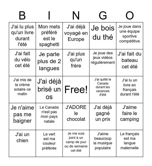 Jeu brise-glace Bingo Card