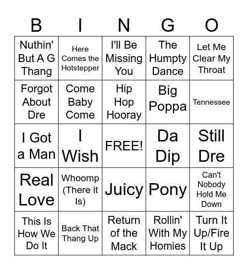 '90s Hip Hop R&B Bingo Card