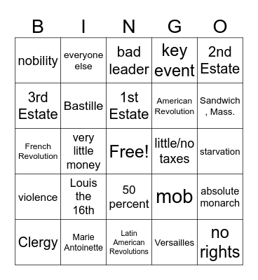 French Revolution Bingo Card