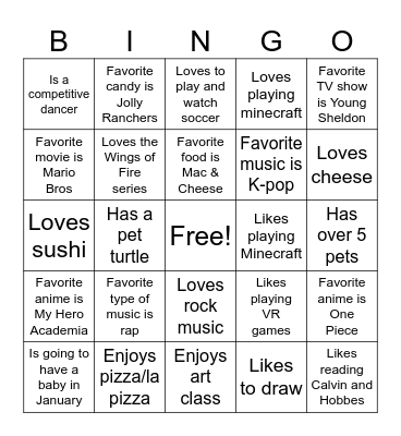 Class Bingo (per 7) Bingo Card