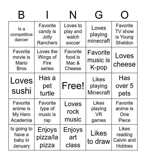 Class Bingo (per 7) Bingo Card