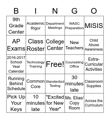 Faculty Meeting Bingo Card