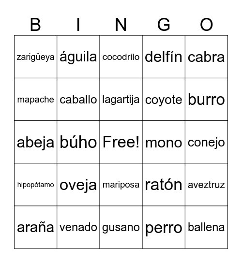 Los Animales Bingo Card