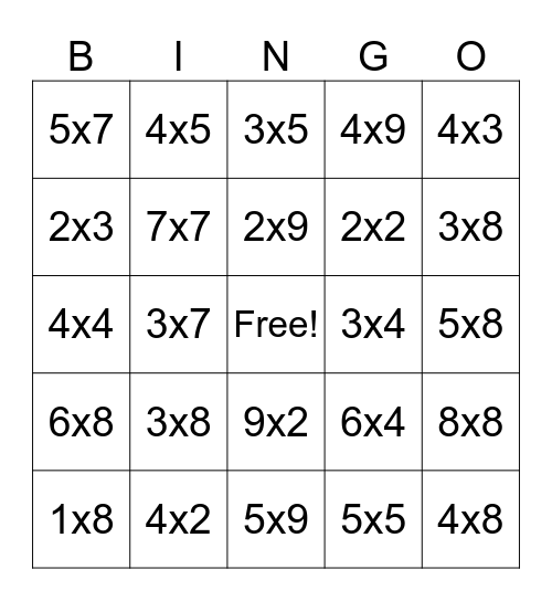 Multiplication Bingo Card