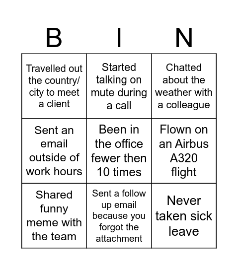 Airbus Bingo Card