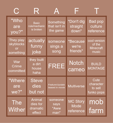 Minecraft Movie Bingo Card