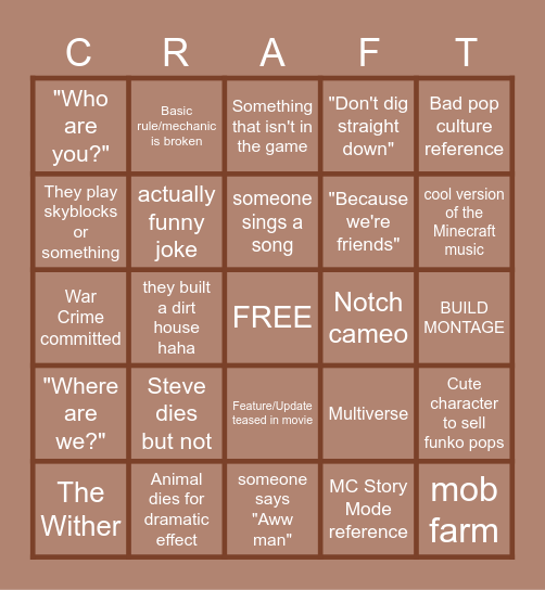 Minecraft Movie Bingo Card