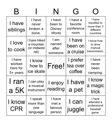 Get to know Coworkers Bingo Card