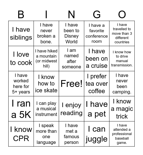 Get to know Coworkers Bingo Card