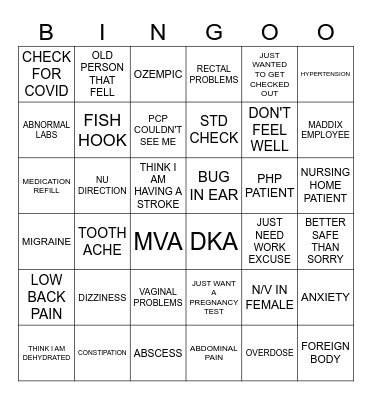 ER Bingo Card