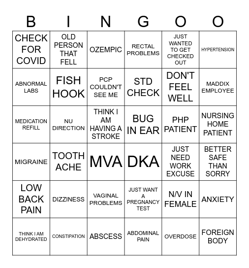 ER Bingo Card