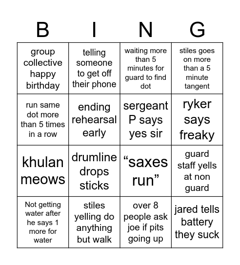 Marching Band Bingo Card