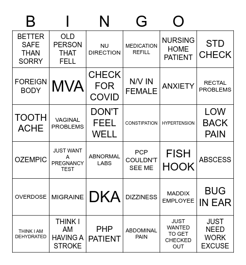 ER Bingo Card