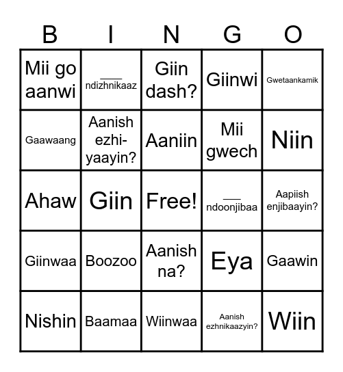 Ojibwe Greetings Bingo Card