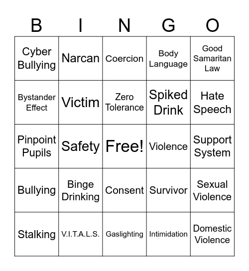 Anti-Violence/Bystander Intervention Bingo Card