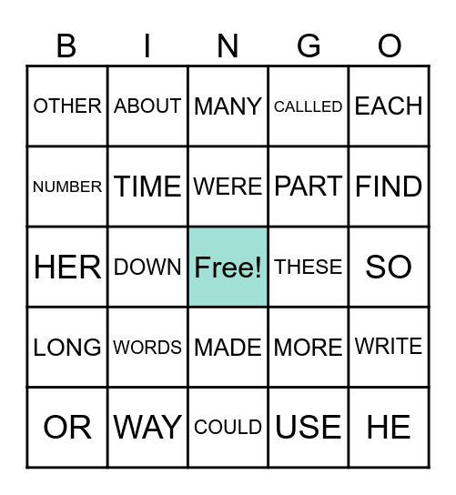 ASHER SIGHT WORD BINGO Card