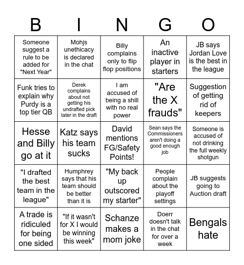 Fantasy Complaining Bingo Card