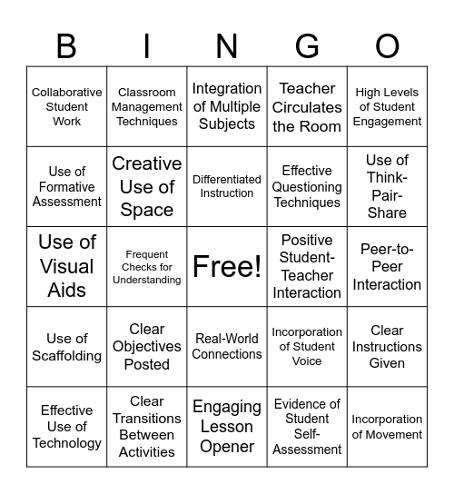 Observation Bingo Card