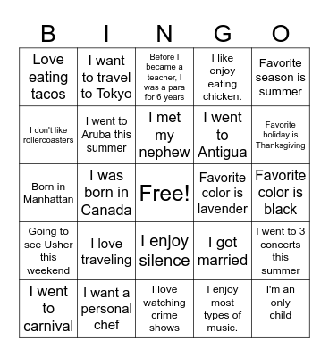 Welcome Back!! Bingo Card