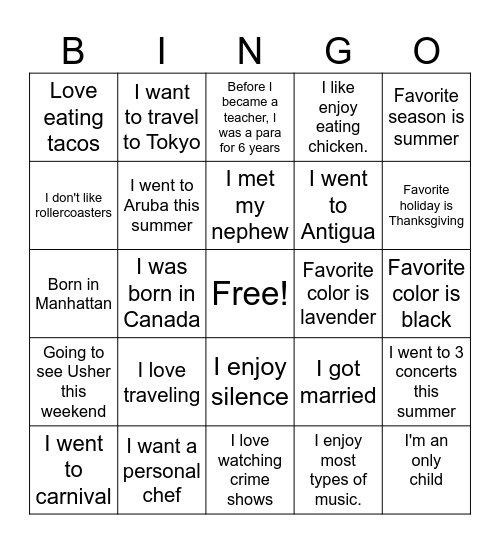 Welcome Back!! Bingo Card