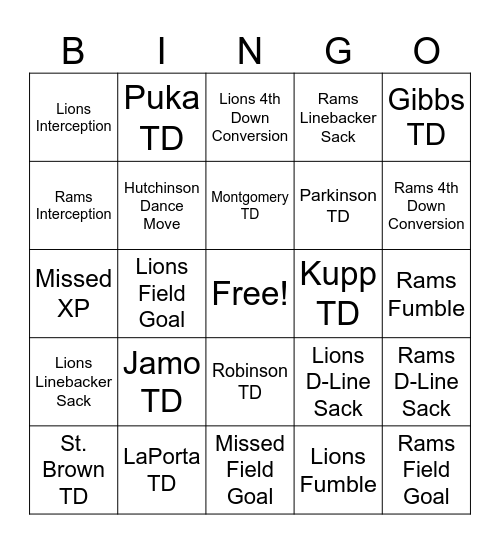 Rams vs Lions Bingo Card