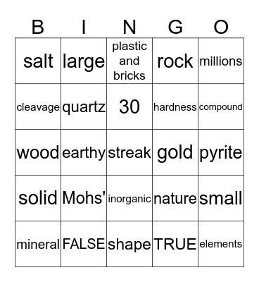 Mineral Bigo Bingo Card