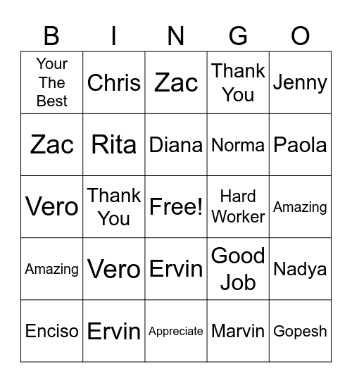 Employee Appreciation Week Bingo Card