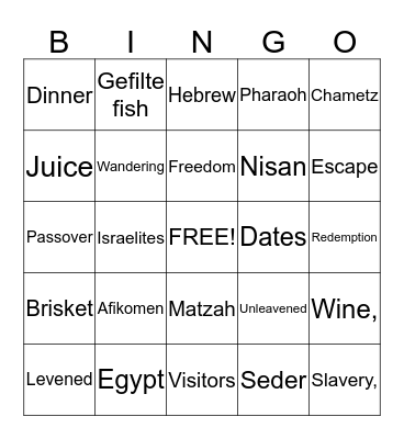 Pesach Bing Bingo Card