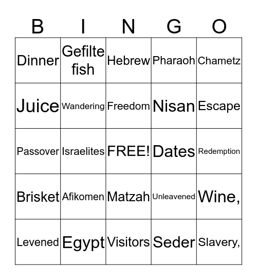 Pesach Bing Bingo Card