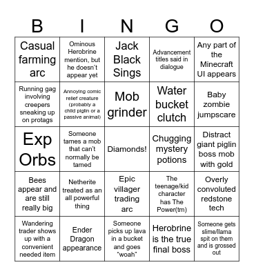 Minecraft Movie Predictions Bingo Card