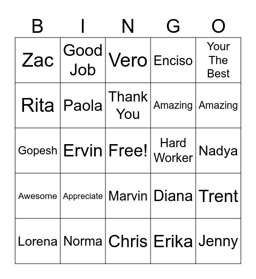 Employee Appreciation Week Bingo Card
