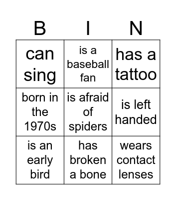 Supper Club Bingo Card