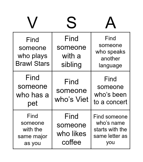 VSA Bingo Card