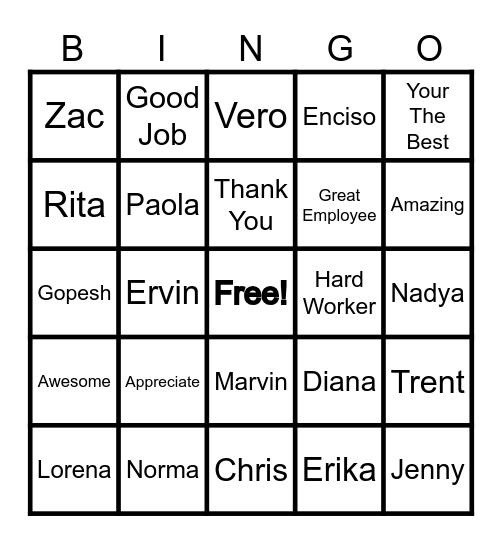 Employee Appreciation Week Bingo Card