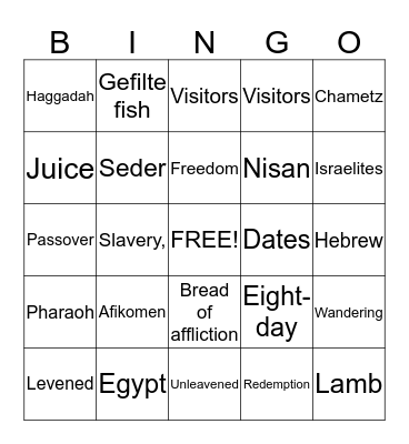 Pesach Bing Bingo Card