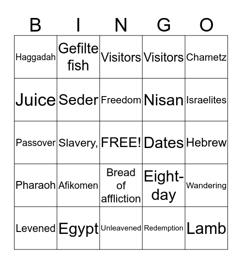 Pesach Bing Bingo Card