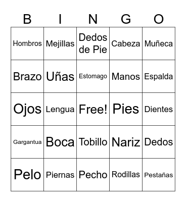 Body Parts Bingo Card